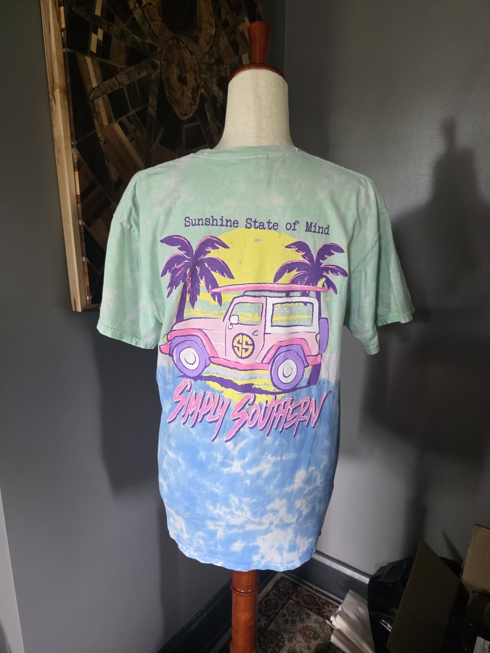 Simply Southern Size L Tropical Jeep Tie-Dye Tee - Mint, Blue, Pink, Purple